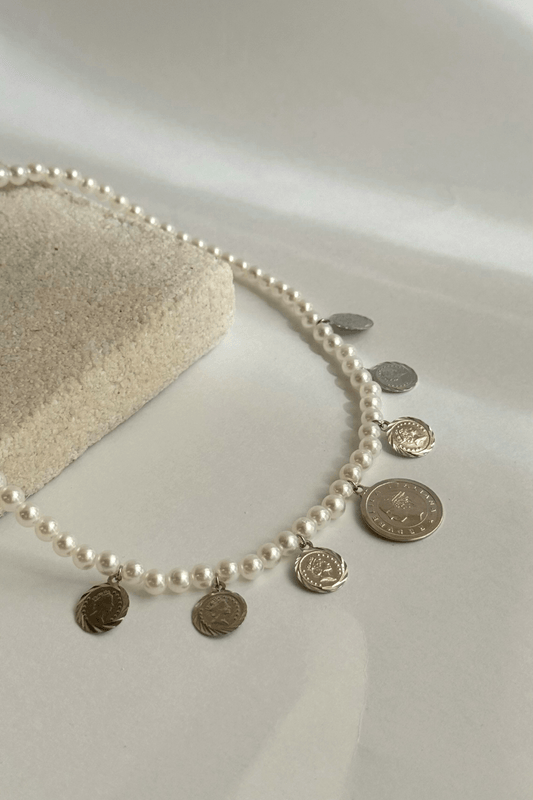 Colar Pérolas Moedas Prata
